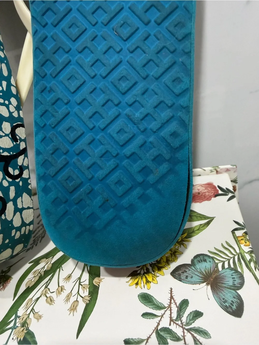 Tory Burch Teal Floral Flip Flops with Cream Straps